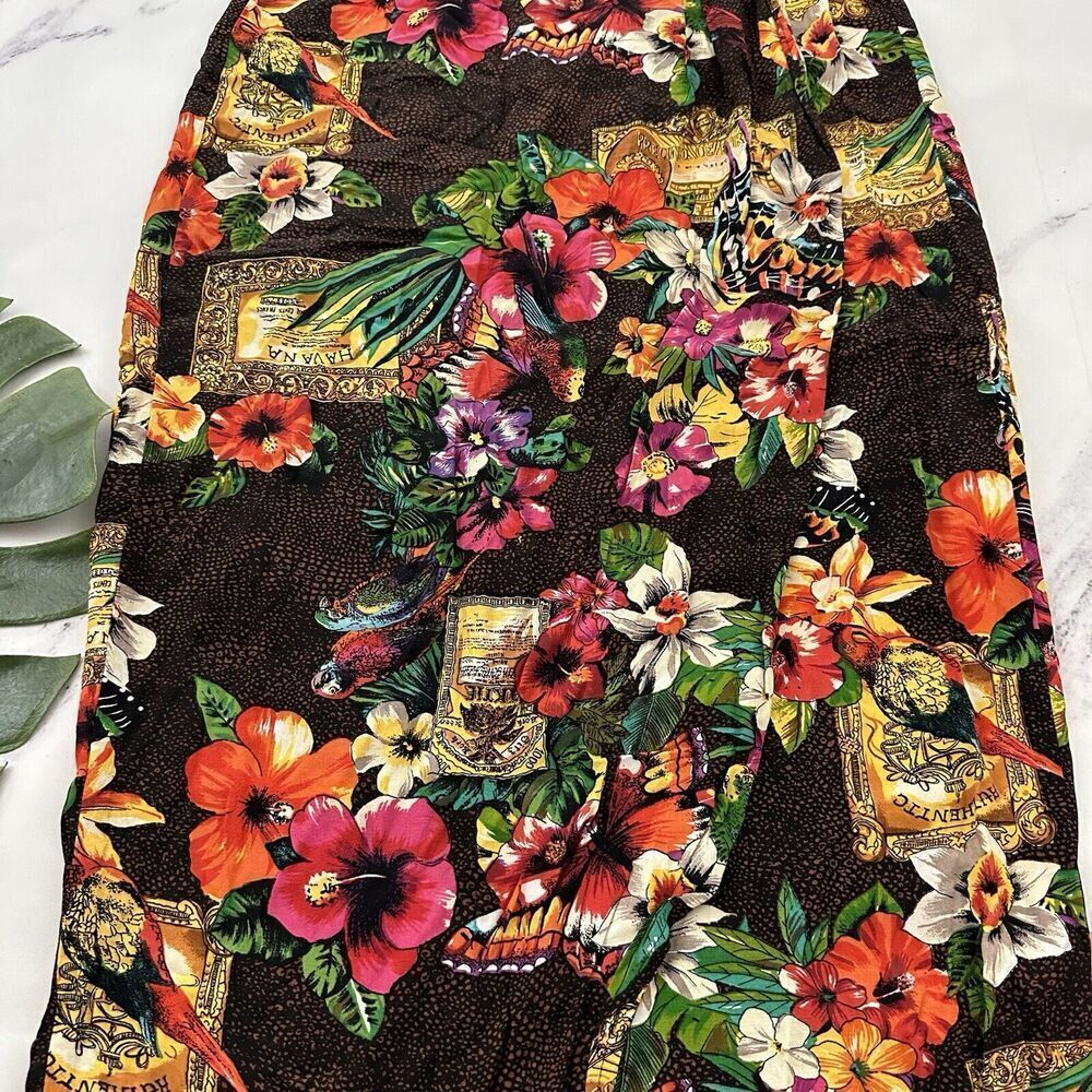 Womens Vintage Wrap Midi Skirt Size M Orange Pink Tropical Floral Parrots Tiki - Picture 3 of 8